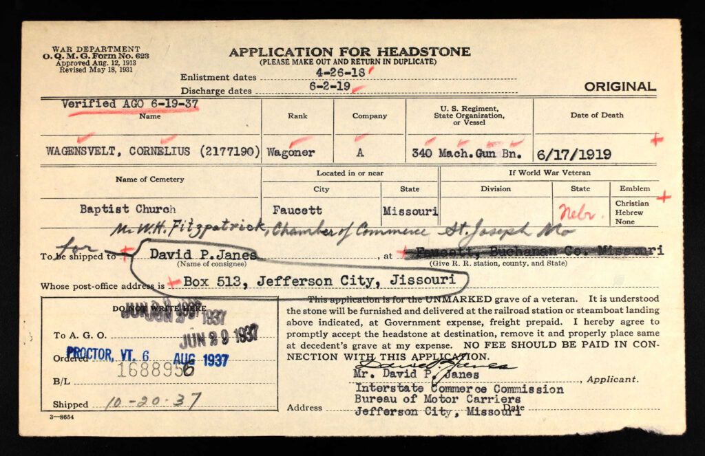 U.S., Headstone Applications for Military Veterans, 1925-1963 for Cornelius Wagensvelt